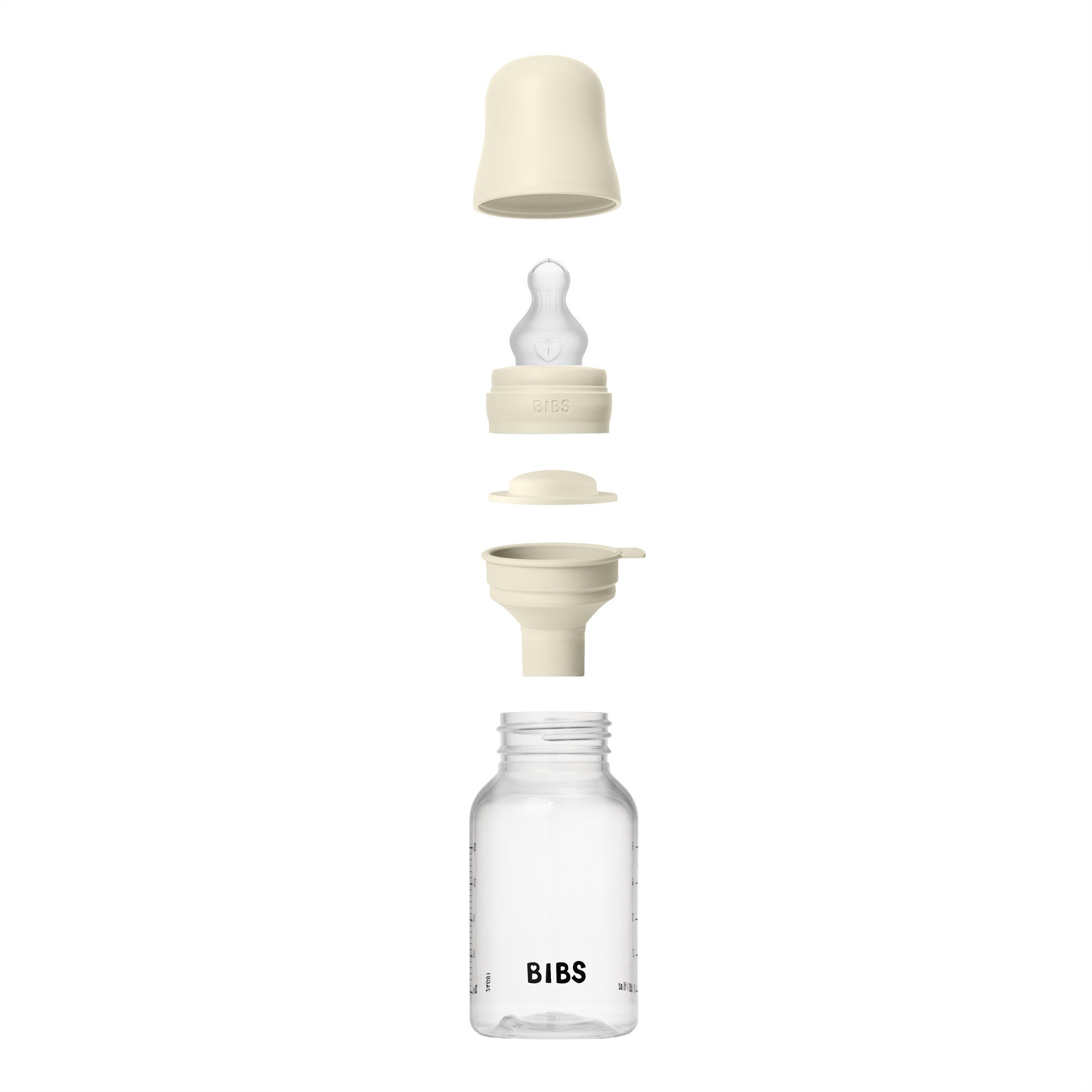 Uit elkaar gehaalde BIBS babyfles in ivoorwit met speen, dop, trechter en fles, perfect zichtbaar per onderdeel.
